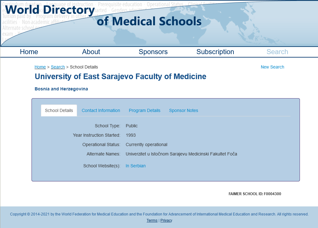 University of East Sarajevo listing in World Directory of Medical Schools