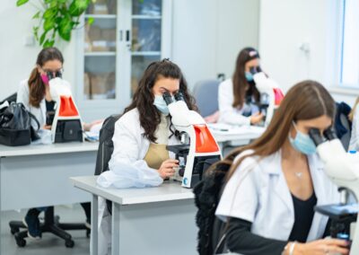 Students operating microscope at MU Pleven