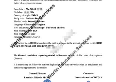 Mr. Negi's Letter of Acceptance from Romania - File processed by Worlin Education Services